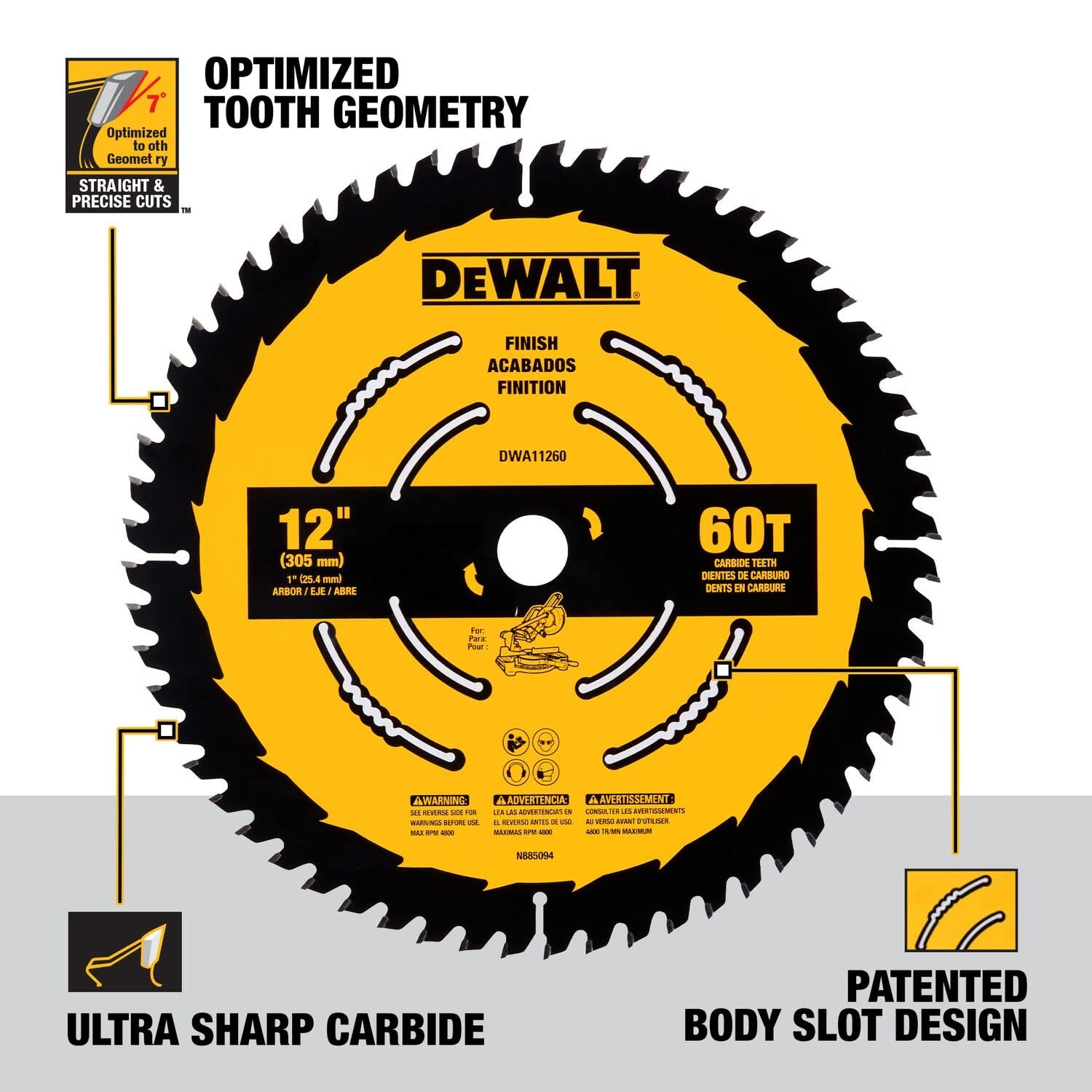 DEWALT 12-Inch Miter Saw Blade, Precision Trim, ATB, Crosscutting, 1-Inch Arbor, Tough Coat Finish, 60-Tooth (DW3216PT), Pack of 1