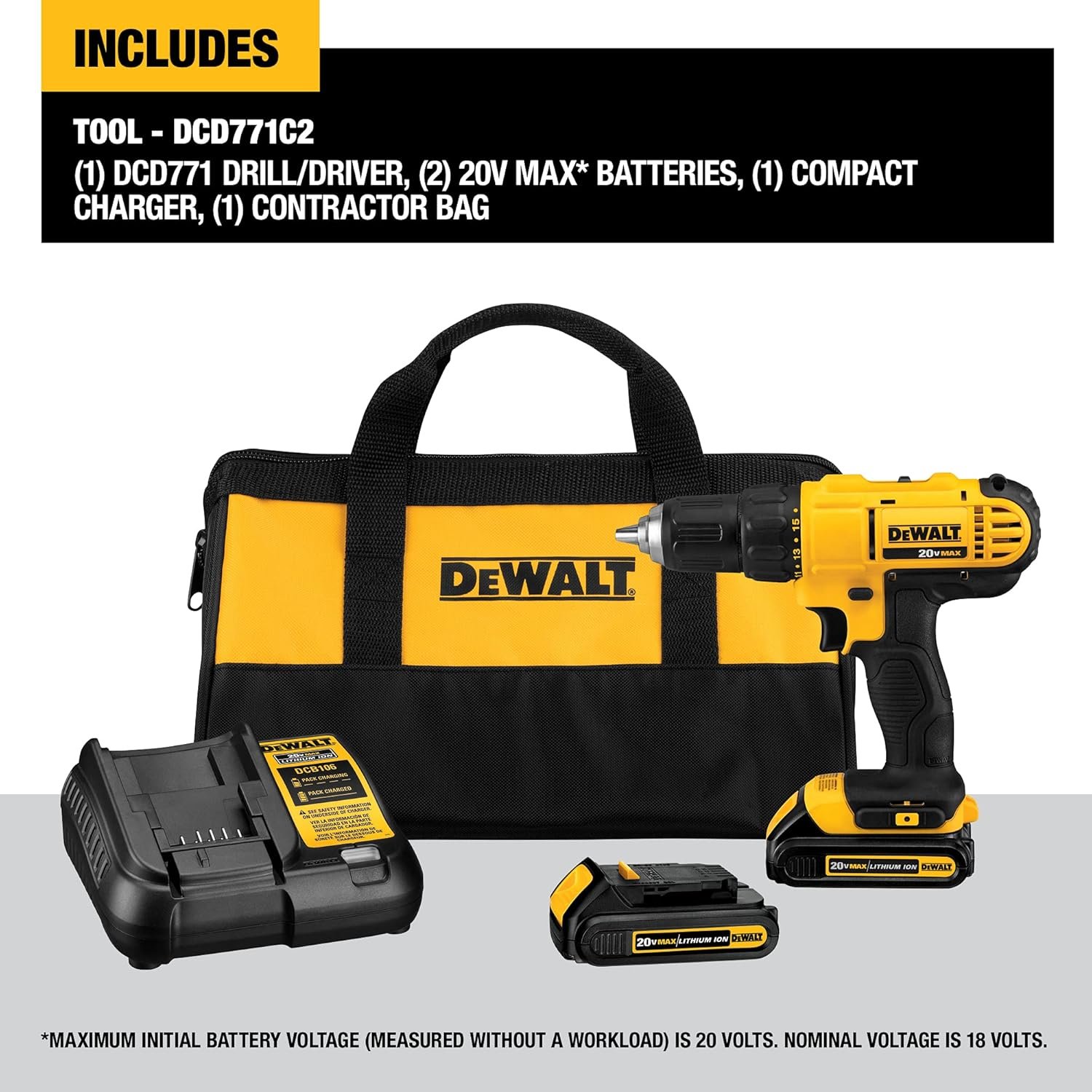 DEWALT 20V Max Cordless Drill / Driver Kit, Compact, 1/2-Inch with Titanium Drill Bit Set, Pilot Point, 21-Piece (DCD771C2  DW1361)