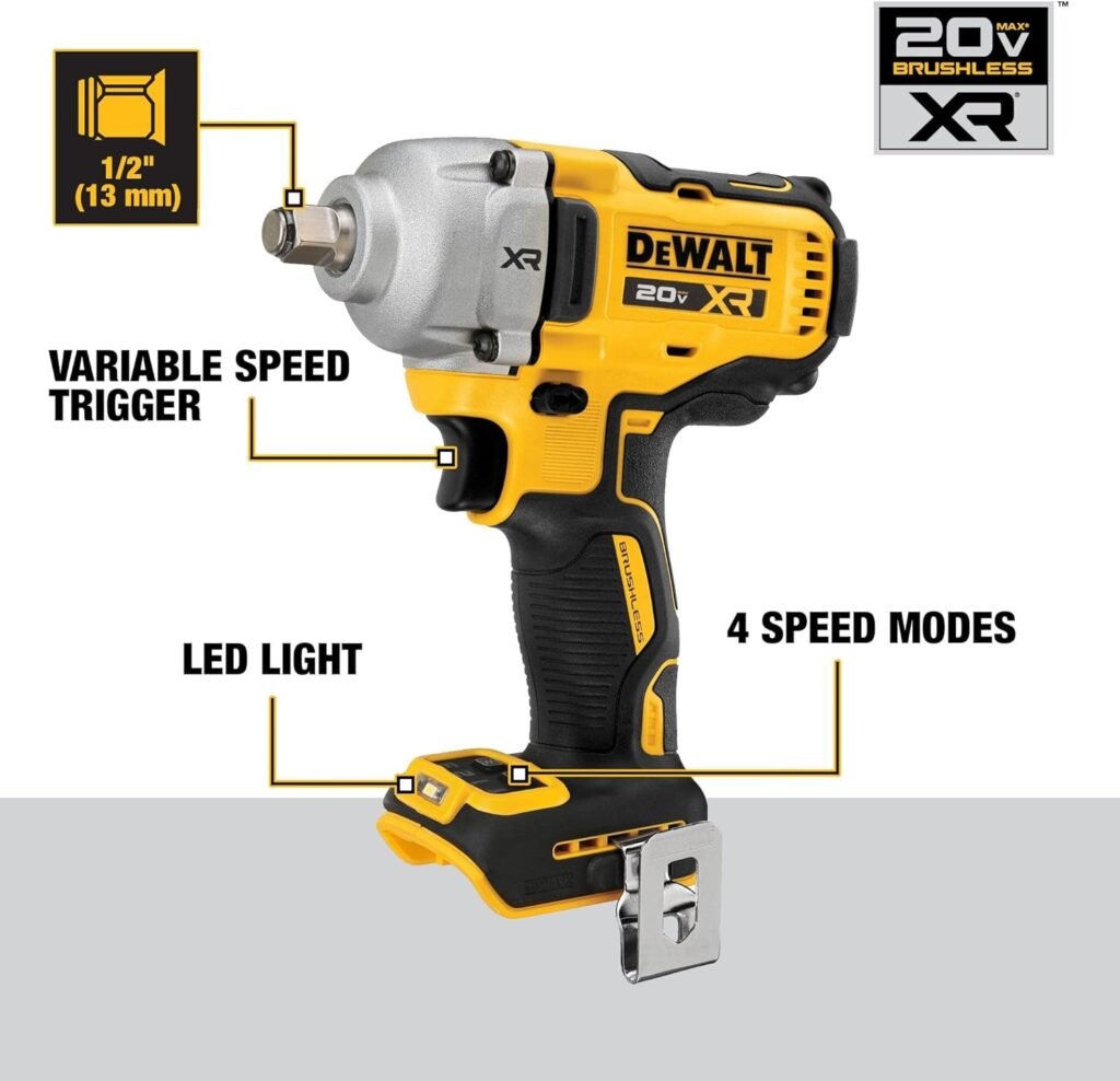DEWALT 20V MAX Cordless Impact Wrench, 1/2 Hog Ring, Includes LED Work Light and Belt Clip, Bare Tool Only (DCF891B)