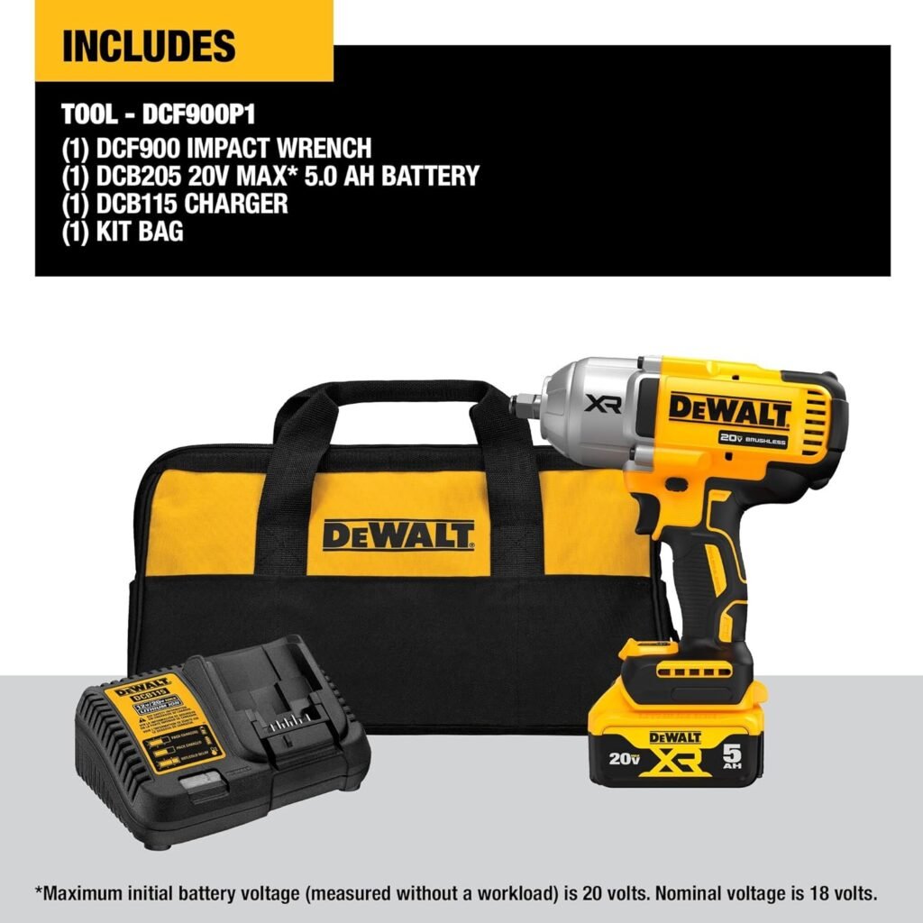 DEWALT 20V MAX Cordless Impact Wrench Kit, 20V MAX, 1/2 Hog Ring With 4-Mode Speed, Includes Battery, Charger and Kit Bag (DCF900P1)