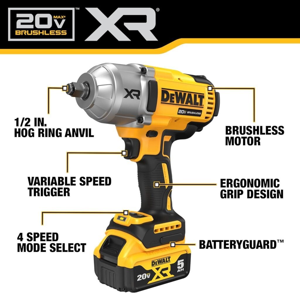 DEWALT 20V MAX Cordless Impact Wrench Kit, 20V MAX, 1/2 Hog Ring With 4-Mode Speed, Includes Battery, Charger and Kit Bag (DCF900P1)