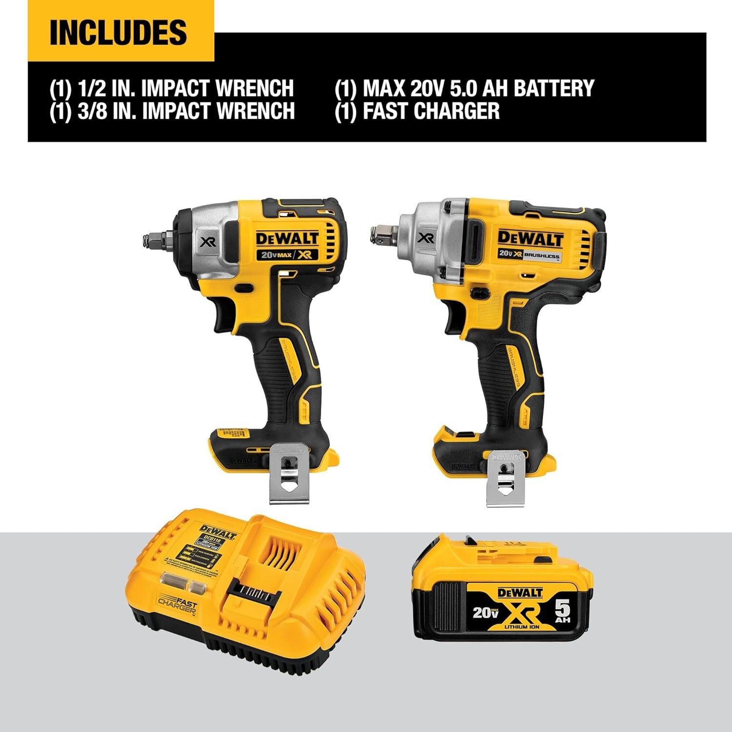 DEWALT 20V MAX Impact Wrench, Cordless 2-Tool Combo Kit, 1/2-Inch Mid-Range and 3/8-inch Compact with 5ah Battery and Charger (DCK205P1)