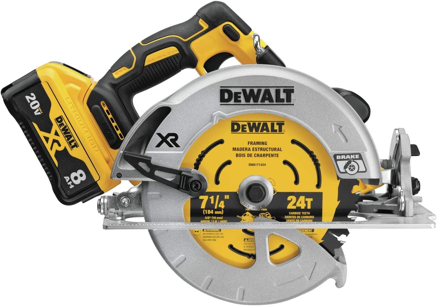 DEWALT 20V MAX XR Circular Saw, 7-1/4-Inch, Brushless, Power Detect Tool Technology, Battery and Charger Included (DCS574W1)