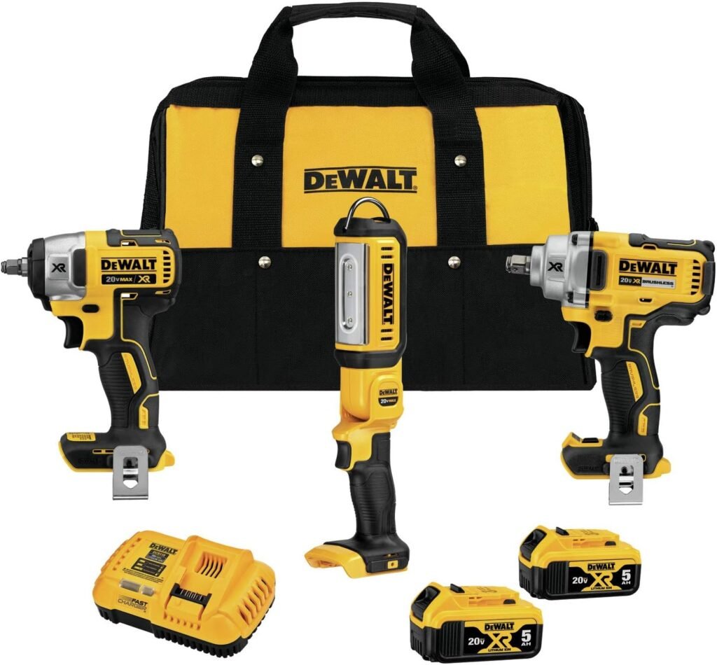 DEWALT 20V MAX XR Impact Wrench Combo Kit, 1/2-Inch  3/8-Inch with LED Handheld Area Light, 3-Tool (DCK302P2)