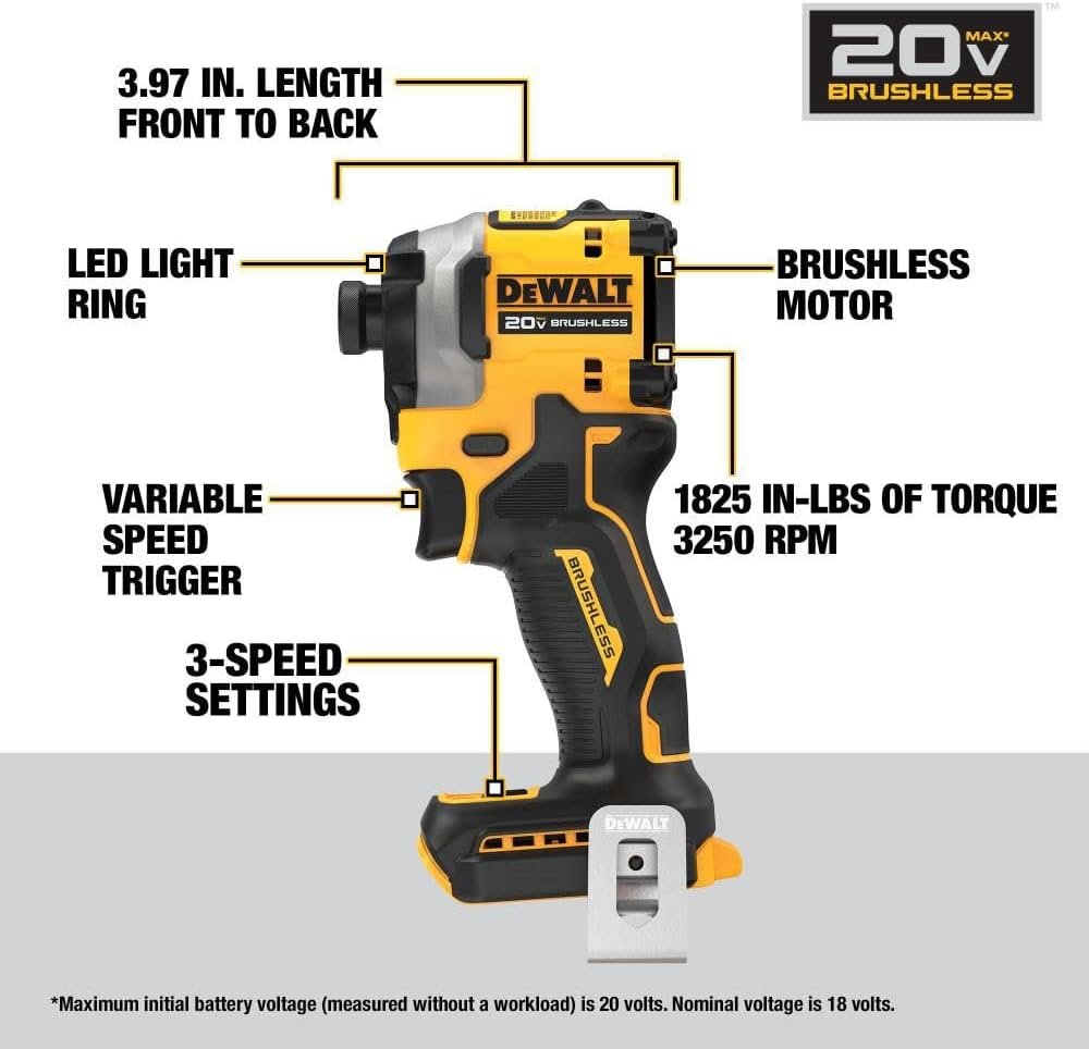 DEWALT ATOMIC 20V MAX* 1/4 in. Brushless Cordless 3-Speed Impact Driver one-pack Bare Tool (1pack ATOMIC 20V MAX Brushless 1/4 in. 3Speed Drive)