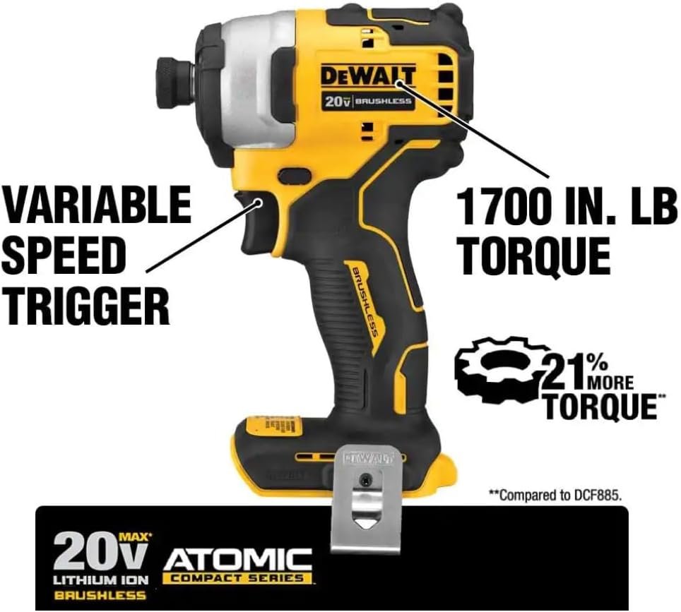 DEWALT ATOMIC 20V-Max Brushless/Cordless Compact 1/4 in. Impact Driver Kit w/Charger, 2.0Ah-Battery, BagBelt Clip