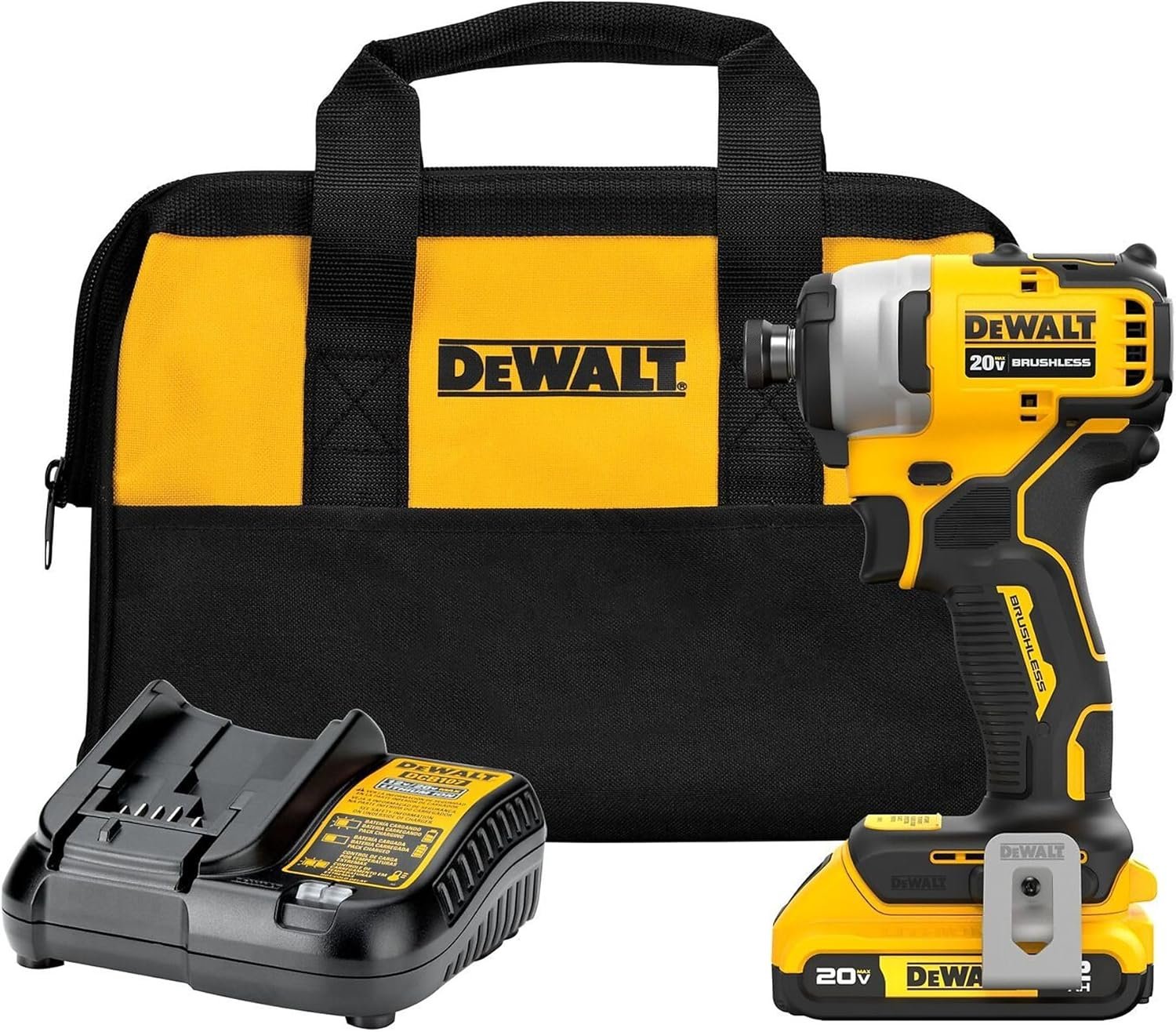 DEWALT ATOMIC 20V-Max Brushless/Cordless Compact 1/4 in. Impact Driver Kit w/Charger, 2.0Ah-Battery, BagBelt Clip