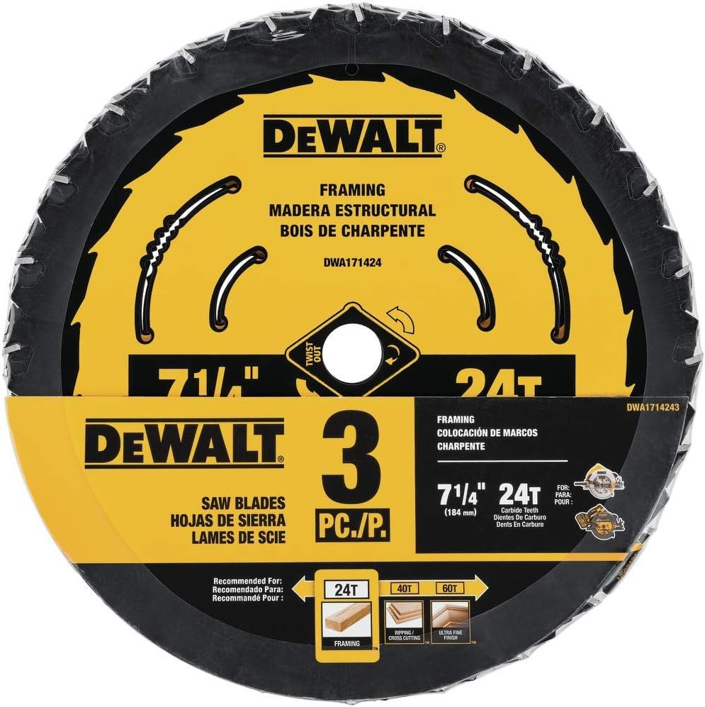 DEWALT Circular Saw Blade, 7 1/4 Inch, 24 Tooth, Wood Cutting, 3 Pack (DWA1714243)