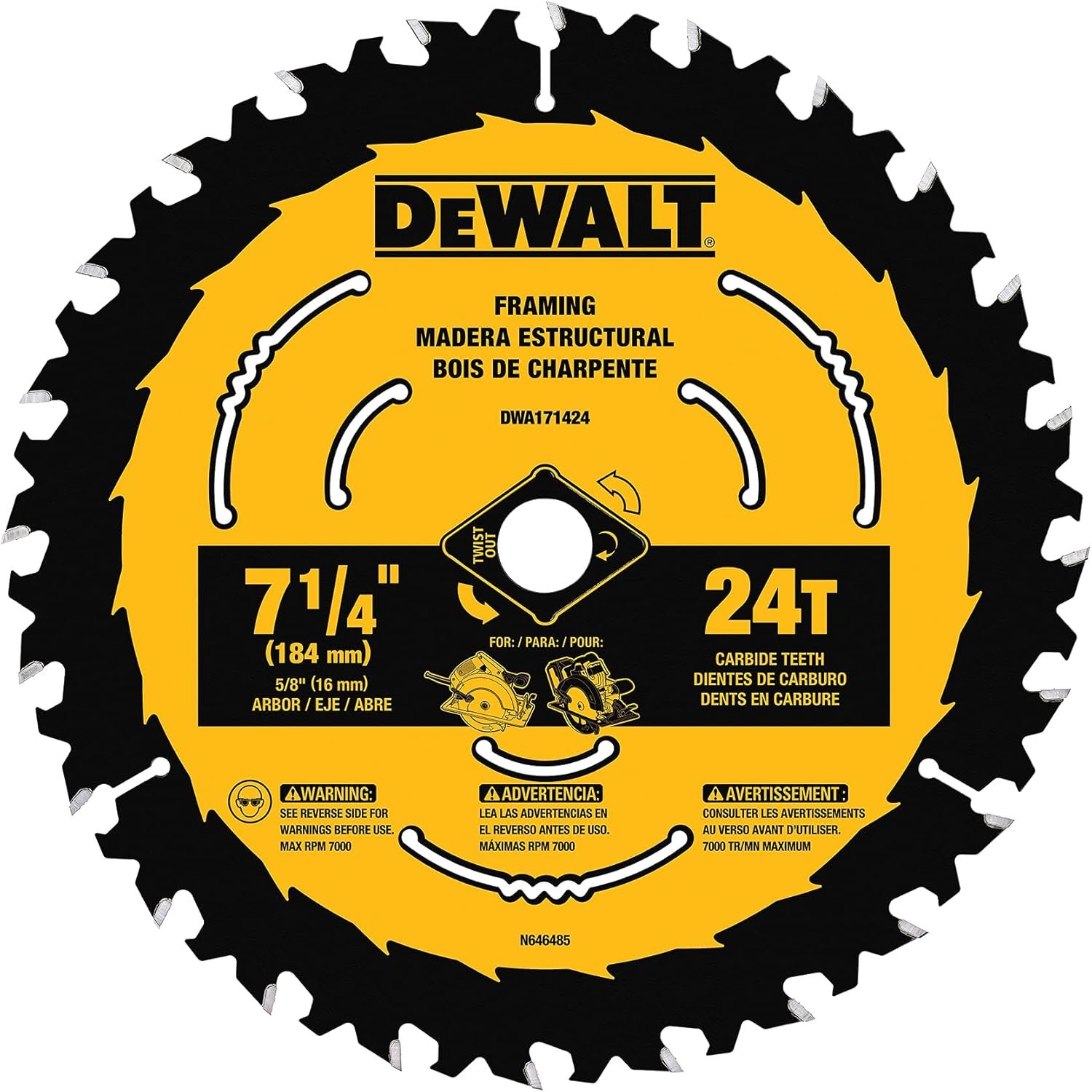 DEWALT Circular Saw Blade, 7 1/4 Inch, 24 Tooth, Wood Cutting (DWA171424B10), (Pack of 1)