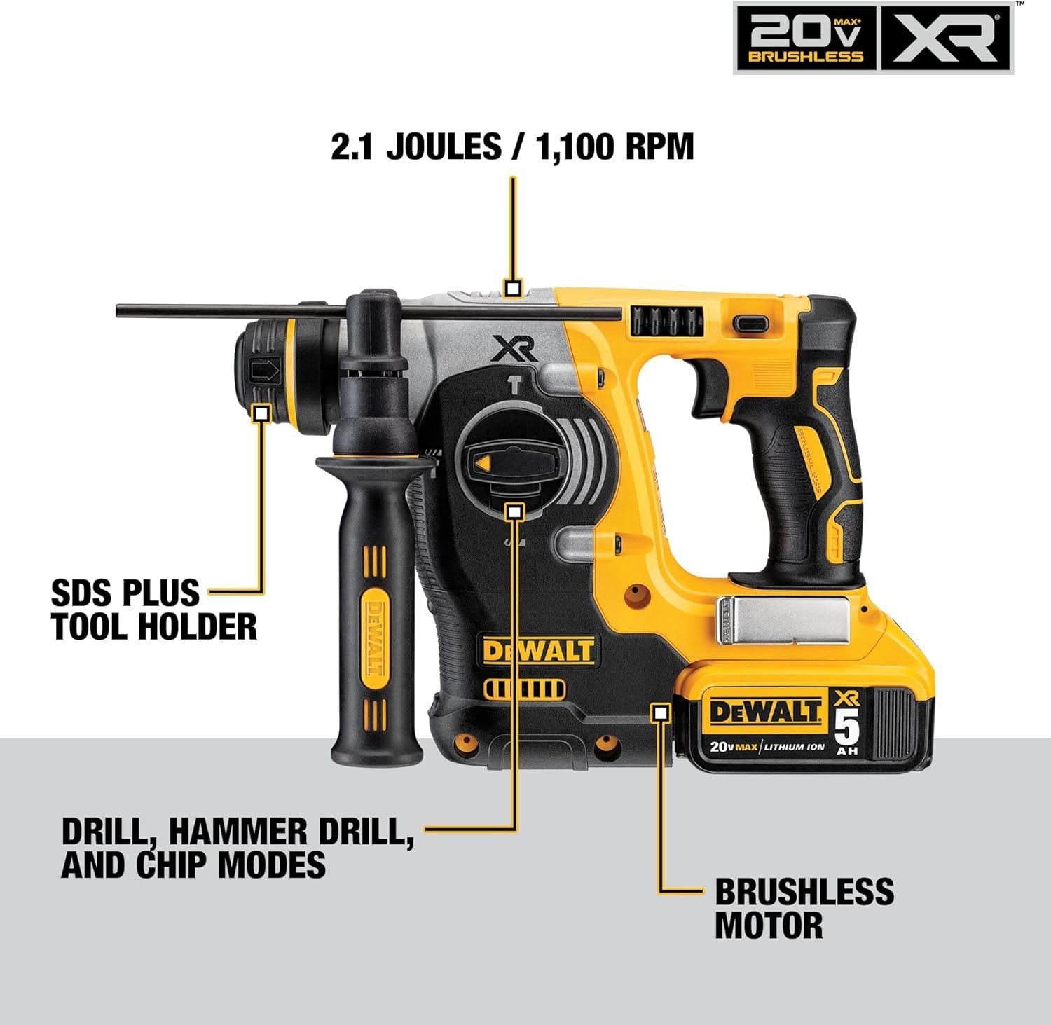 DEWALT DCH273P2 20V Max Brushless SDS Rotary Hammer with 5 Ah Batteries