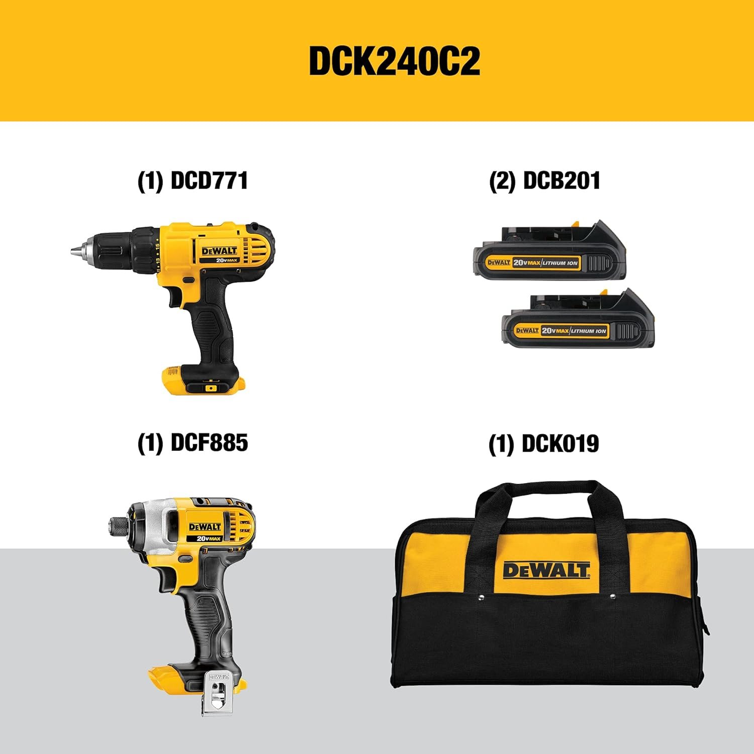 DEWALT DCK240C2 20v Lithium Drill Driver/Impact Combo Kit (1.5Ah) w/ DW2166 45-Piece Screwdriving Set