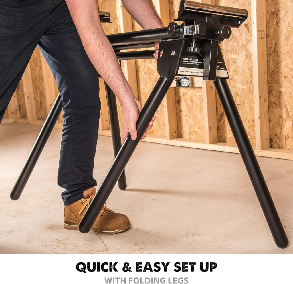 Evolution Power Tools 005-0002 Chop Saw Stand with Universal Fitting, Height Adjustable, 3M Extendable Arms  Supports Upto 225KG,Black/ Silver
