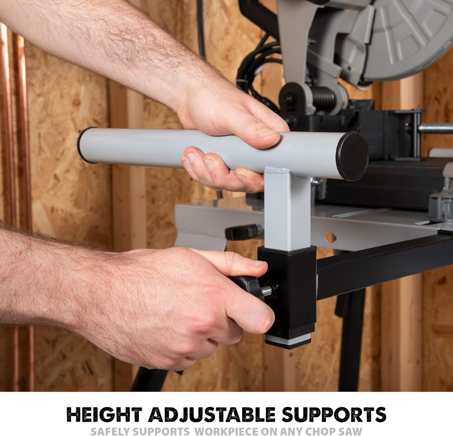 Evolution Power Tools 005-0002 Chop Saw Stand with Universal Fitting, Height Adjustable, 3M Extendable Arms  Supports Upto 225KG,Black/ Silver