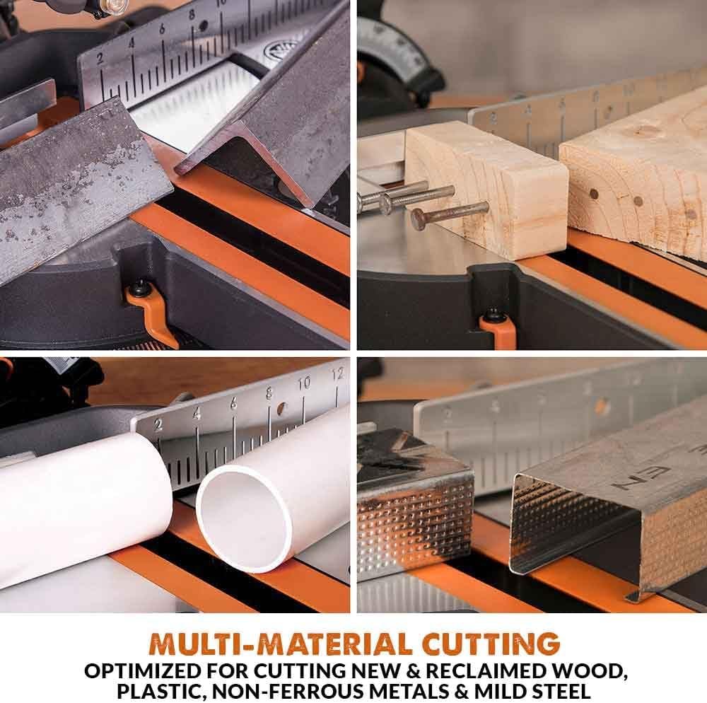 Evolution Power Tools R185SMS+ Sliding Miter Saw with Multi-Material Cutting, 45 Degree Bevel, 50 Degree Miter, 210 mm Slide, Blade Included Cuts Wood Plastic Metal  More, 7-1/4