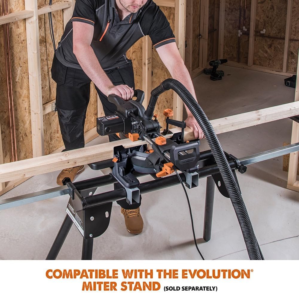 Evolution Power Tools R185SMS+ Sliding Miter Saw with Multi-Material Cutting, 45 Degree Bevel, 50 Degree Miter, 210 mm Slide, Blade Included Cuts Wood Plastic Metal  More, 7-1/4