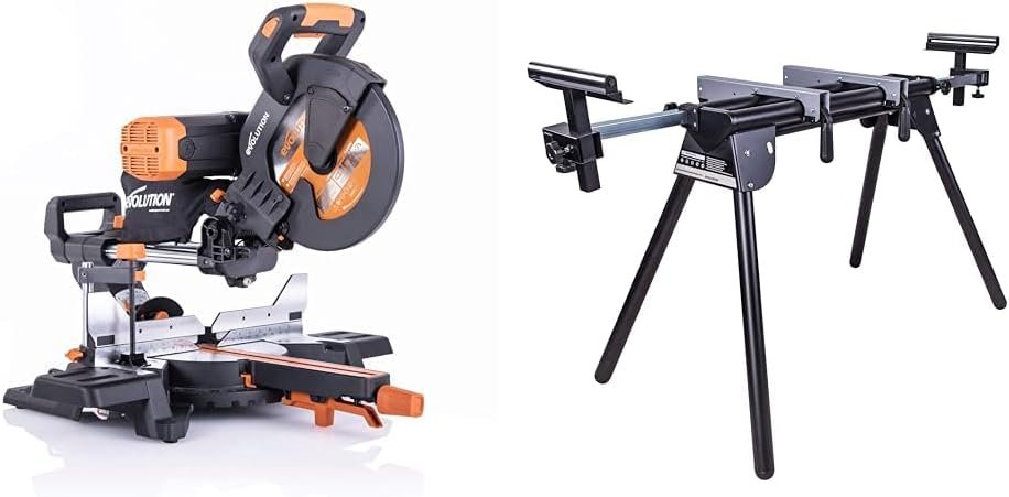 Evolution Power Tools R255SMS-DB+ 10-Inch Dual Bevel Sliding Miter Saw Multi-Material, Multipurpose Cutting Cuts Metal, Plastic, Wood 45˚-45˚ Double Bevel  50˚-50˚ Miter TCT Blade Included