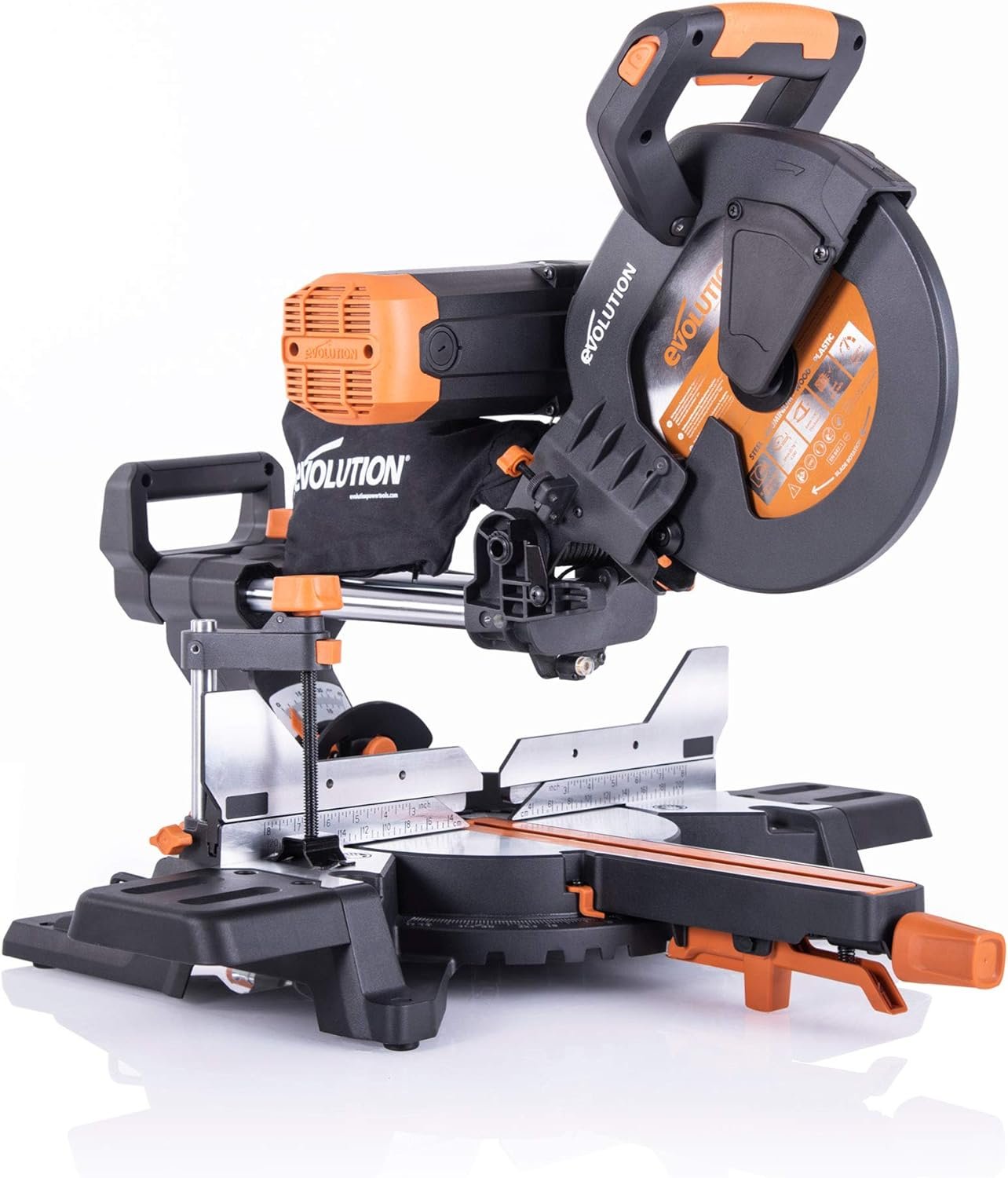 Evolution Power Tools R255SMS-DB+ 10-Inch Dual Bevel Sliding Miter Saw Multi-Material, Multipurpose Cutting Cuts Metal, Plastic, Wood 45˚-45˚ Double Bevel  50˚-50˚ Miter TCT Blade Included