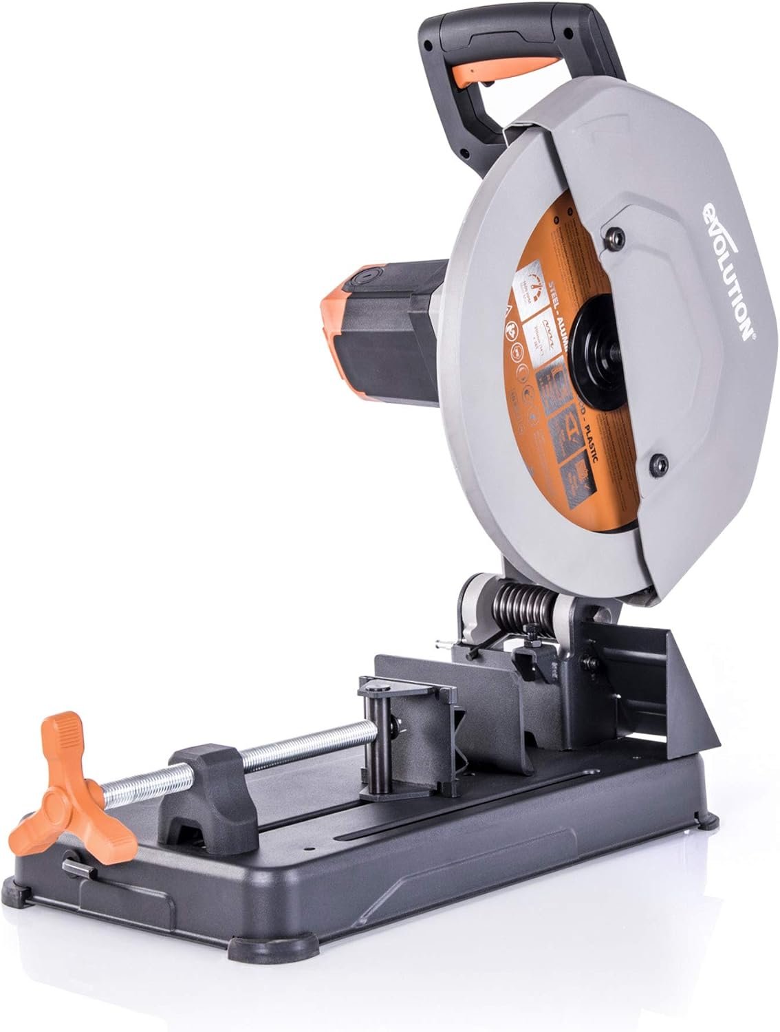 Evolution Power Tools R355CPS 14-Inch Chop Saw Multi Purpose, Multi-Material Cutting Cuts Metal, Plastic, Wood  More Miter Cut up to 45˚ Degrees TCT Blade Included