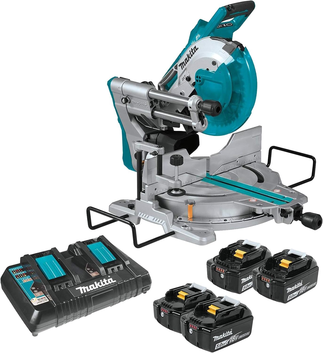 Makita XSL06PT 18V X2 LXT Lithium-Ion (36V) Brushless Cordless 10 Dual-Bevel Sliding Compound Miter Saw with Laser Kit (5.0Ah) and Extra BL1850B-2 18V LXT Lithium-Ion 5.0Ah Battery, 2/pk