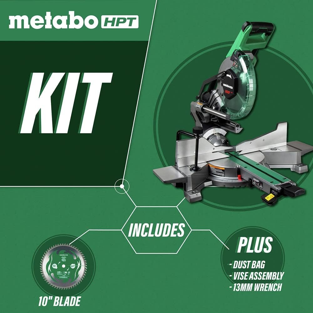 Metabo HPT 10-Inch Sliding Miter Saw | Zero Rear Clearance Slide System | Dual Bevel | Laser Marker | C10FSHCT