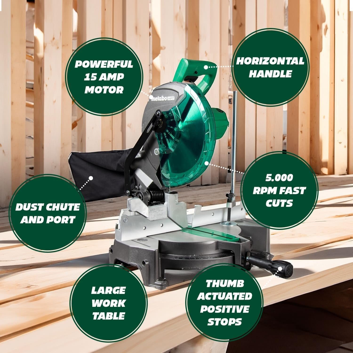 Metabo HPT Compound Miter Saw, 10 Miter Saw with Large Table Saw for woodworking, Power saw with 15-Amp Motor, Accurate Miter Angles, 0-45° Bevel, 24T TCT Miter Saw Blade, Positive Stops, C10FCGS