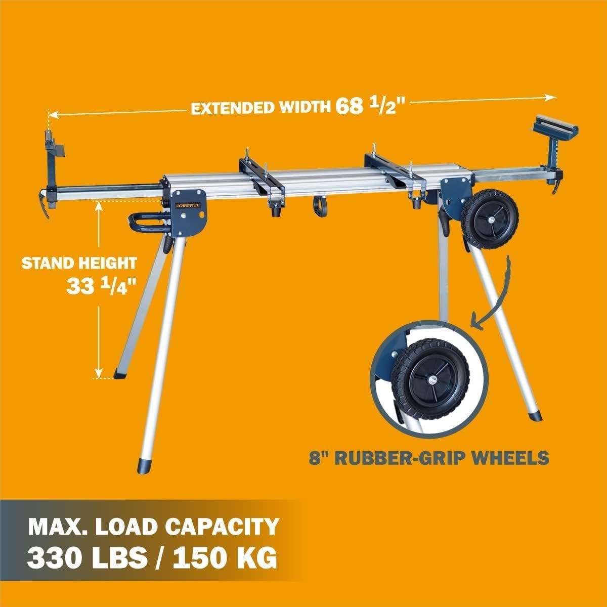 POWERTEC MT4004 Aluminum Portable Miter Saw Stand with 8 Inch Wheels, 330 Lbs Load Capacity, Quick Release Bracket Mounts