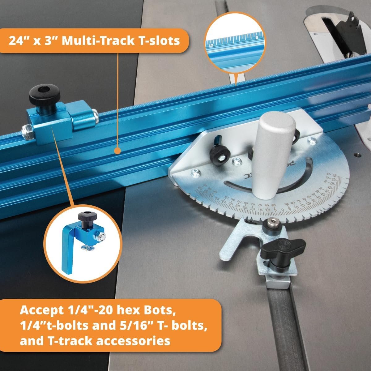 POWERTEC Table Saw Sled Kit w/T-Tracks, Miter Bars, Knob, Bolt and Screws Set  Precision Miter Gauge with 24”x 3” Multi T–Track Fence and Scale, T-track Flip Stop, Miter Bar