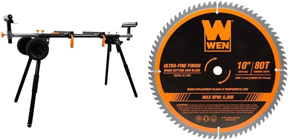 WEN Miter Saw Stand, Collapsible and Rolling with 3 Onboard Outlets (MSA330)  BL1080 10-Inch 80-Tooth Carbide-Tipped Ultra-Fine Finish Professional Woodworking Saw Blade for Miter Saws and Table Saws