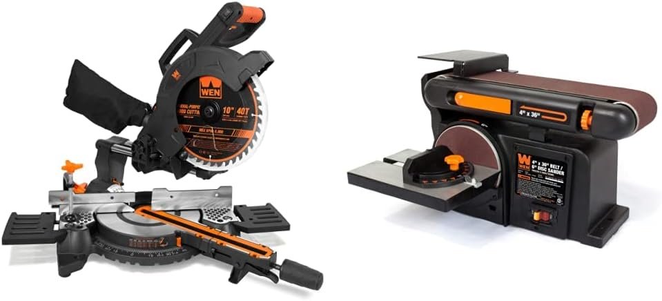 WEN MM1011T 15-Amp 10-Inch Single Bevel Compact Sliding Compound Miter Saw with Laser, Black  6502T 4.3-Amp 4 x 36 in. Belt and 6 in. Disc Sander with Cast Iron Base